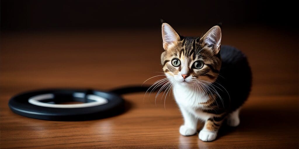 A small, tabby kitten with white paws and a white belly is sitting on a wooden table. The kitten is looking at the camera with its green eyes. There is a black object with a white ring on the table next to the kitten.