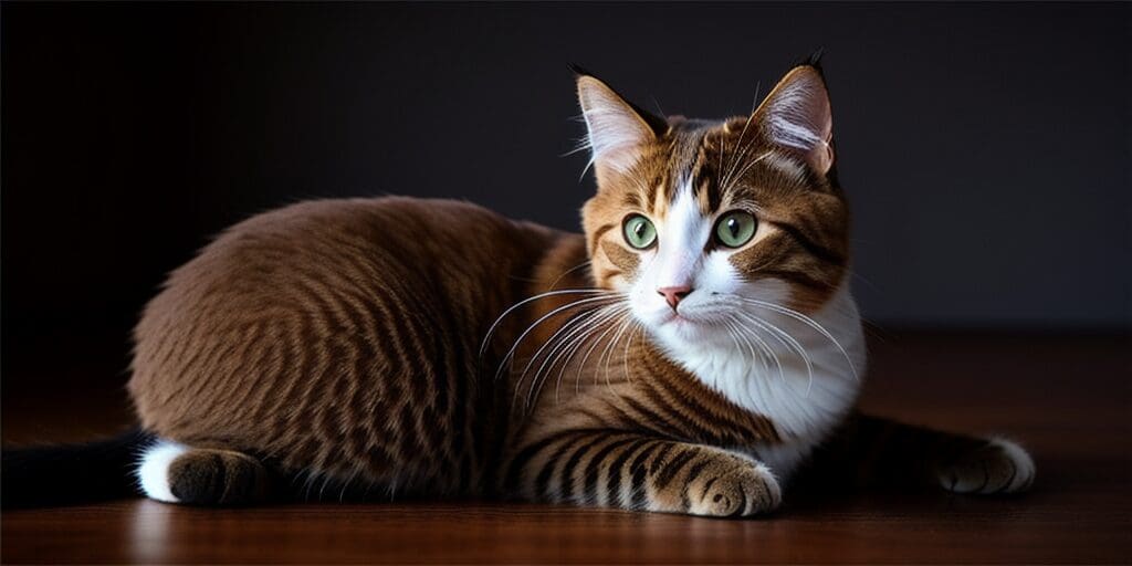 A brown and white cat is lying on a wooden table. The cat has green eyes and is looking to the right.
