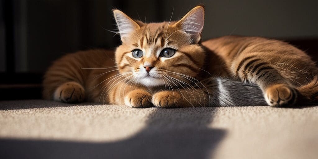 A ginger cat is lying on a brown carpet in a sunny spot. The cat has its eyes open and is looking at the camera.