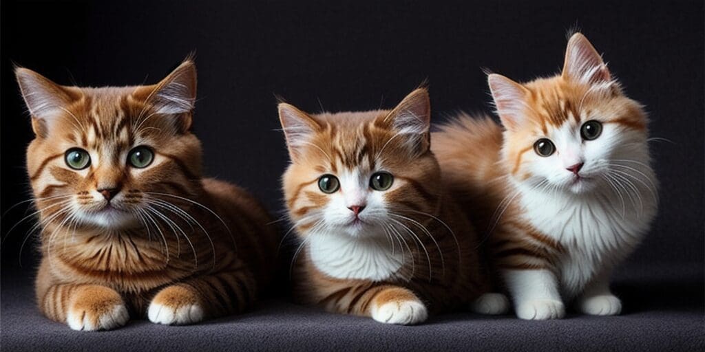 Three cute ginger and white kittens sitting in a row on a black background.