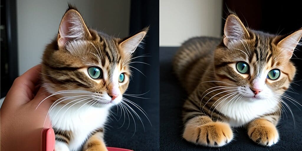 On the left: A ginger and white cat is being petted by a human hand. On the right: The same cat is sitting on a black surface, looking at the camera.