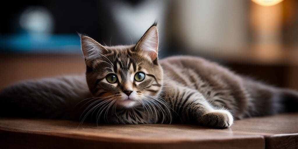 A brown tabby cat is lying on a wooden table. The cat has green eyes and is looking at the camera.