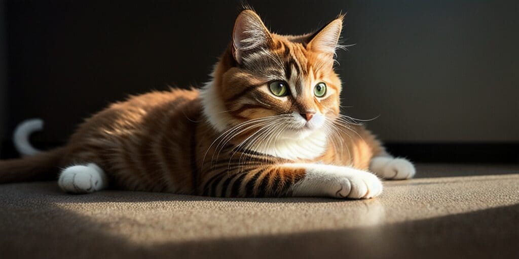 A ginger cat is lying on a brown carpet in front of a dark background. The cat has its front paws outstretched and is looking to the right. The cat's fur is short and tabby-striped, and its eyes are green.