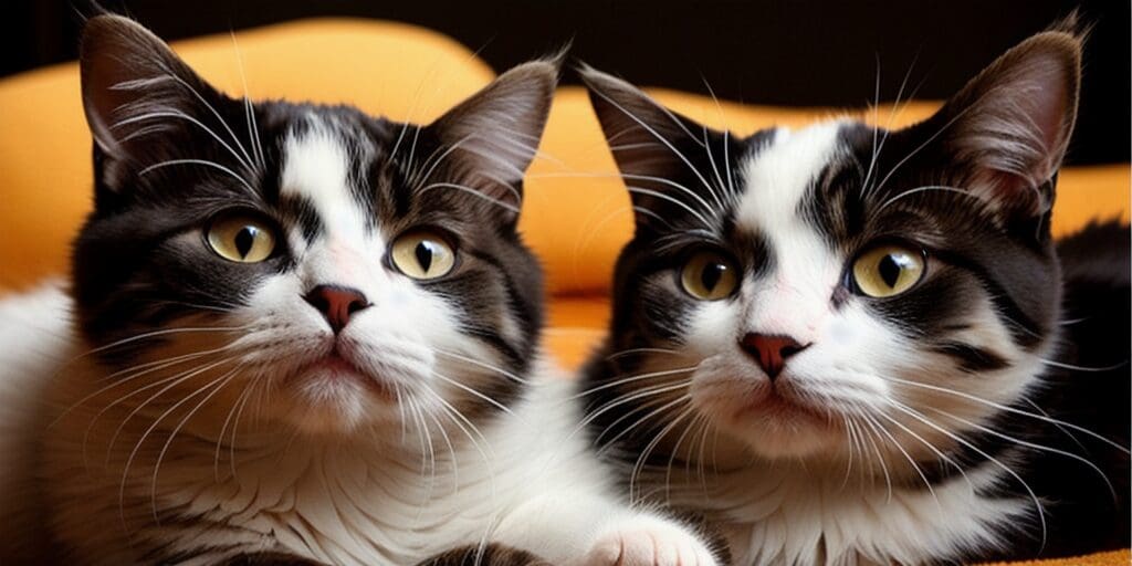 A close-up of two cats sitting side by side, looking at the camera. The cats are both black and white, with the one on the left having more white on its face.