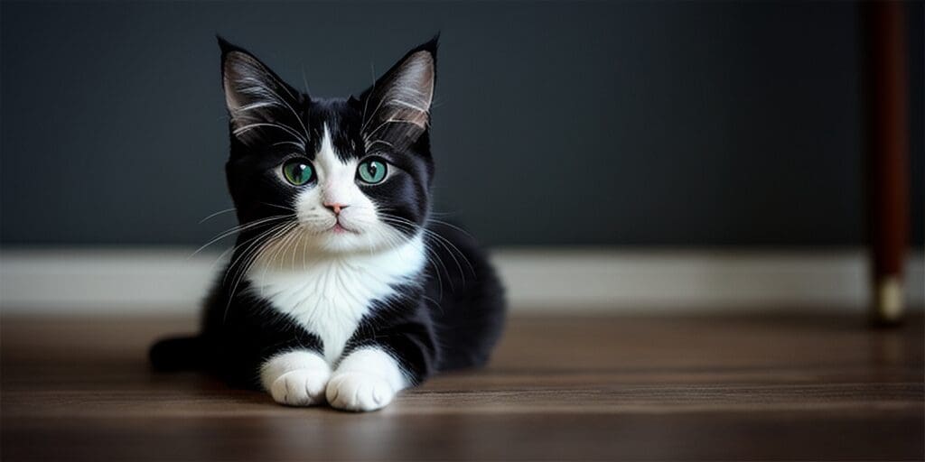 A black and white cat with green eyes is sitting on a wooden floor. The cat is looking at the camera with its paws neatly folded in front.
