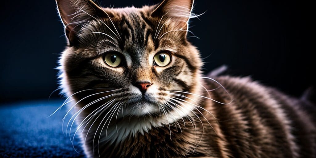 A close-up portrait of a brown tabby cat with green eyes, looking at the camera with a curious expression.