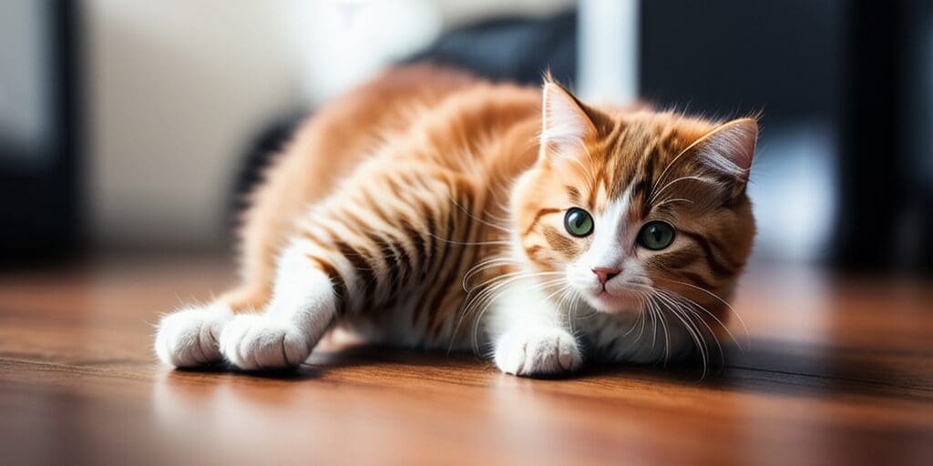 A ginger cat with white paws and a white belly is lying on a wooden floor. The cat has green eyes and is looking at the camera.