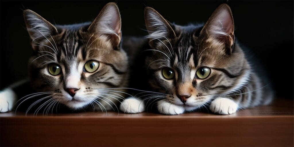 Two cats with green eyes and brown fur are sitting on a wooden table and looking at the camera.