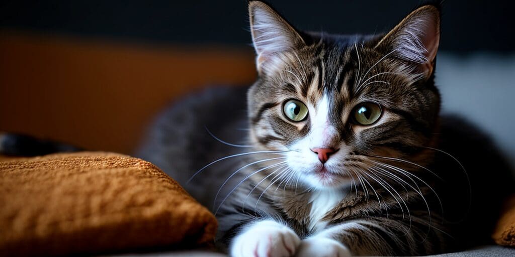 A close-up of a tabby cat looking at the camera with its green eyes. The cat is resting on a brown pillow and has a white patch of fur on its chest.