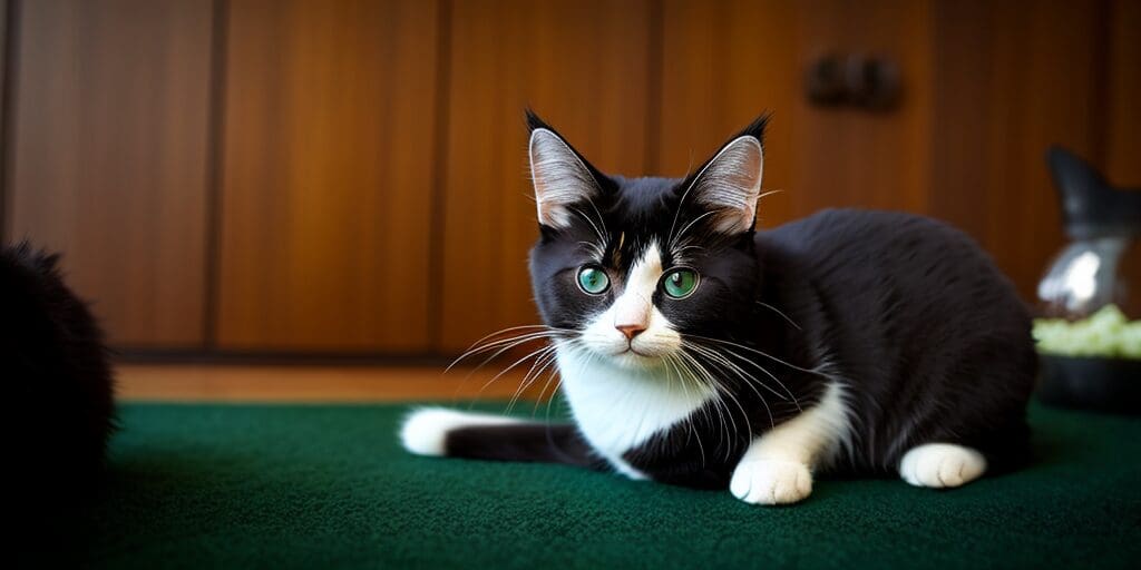 A black and white cat with green eyes is sitting on a green carpet. The cat has a white belly and white paws. The cat is looking at the camera.