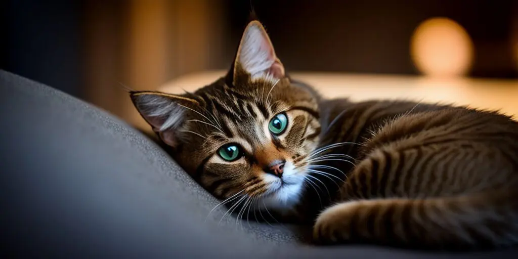 A brown tabby cat with green eyes is lying on a gray couch. The cat is looking at the camera with a curious expression.