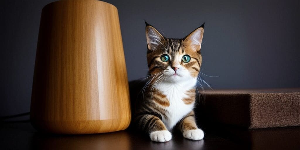 A cat is sitting on a table next to a wooden vase. The cat has green eyes and is looking at the camera.