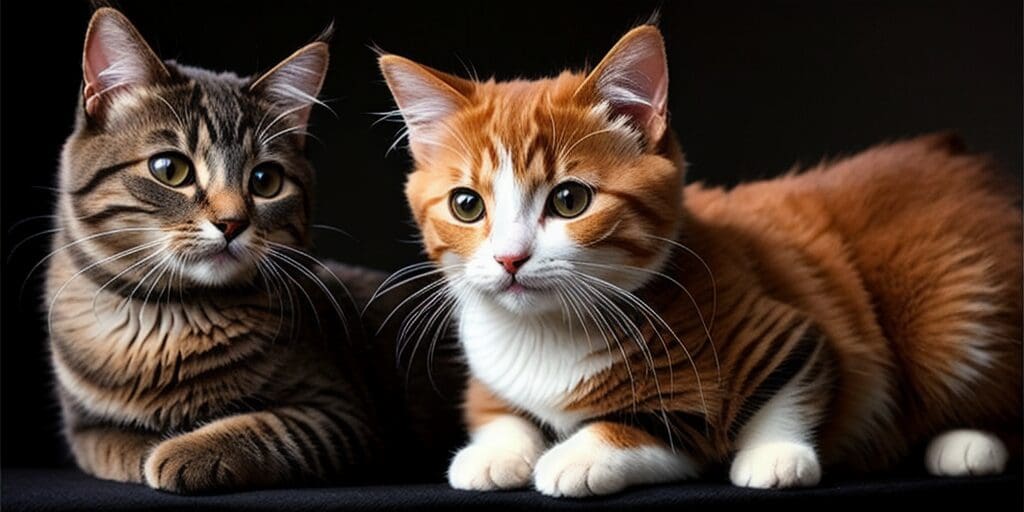 A ginger cat and a tabby cat are sitting next to each other on a black background.