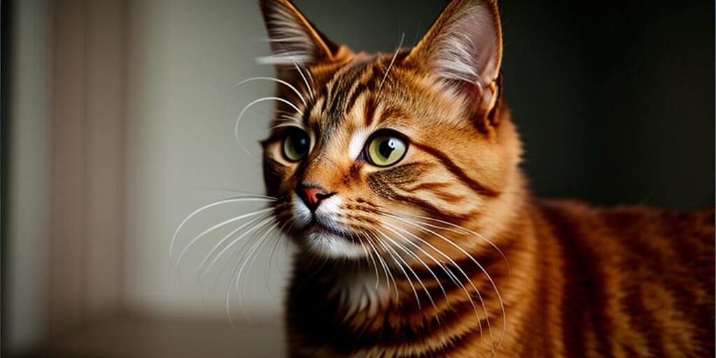 A ginger cat is sitting on a brown surface. The cat has green eyes and is looking to the right.
