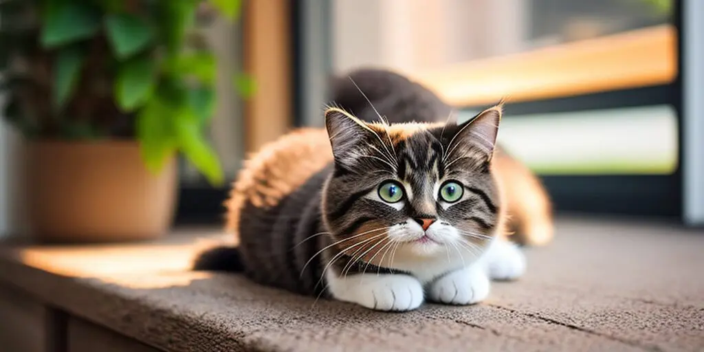 A cat is sitting on the floor in front of a plant. The cat is brown, white, and black with green eyes and is looking at the camera.