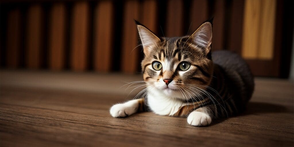 A cute tabby cat is lying on the wooden floor and looking at the camera. The cat has brown and white fur, green eyes, and a pink nose.