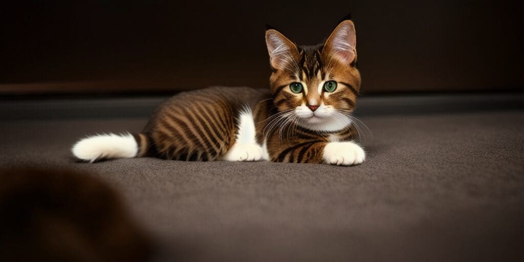 A brown tabby cat with white paws and a white belly is lying on a brown carpet. The cat has green eyes and is looking at the camera.
