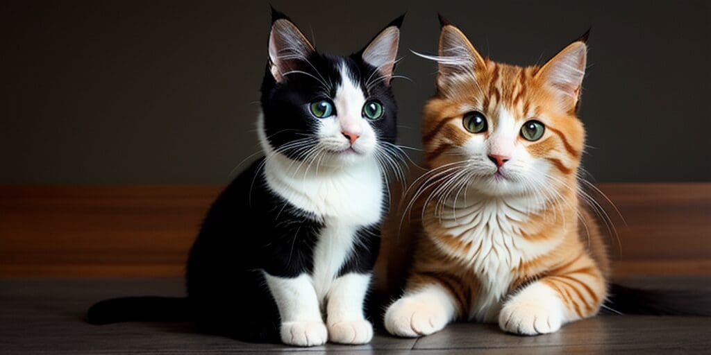 A black and white cat and an orange cat are sitting next to each other on a wooden floor. The cats are both looking at the camera and have their ears perked up.
