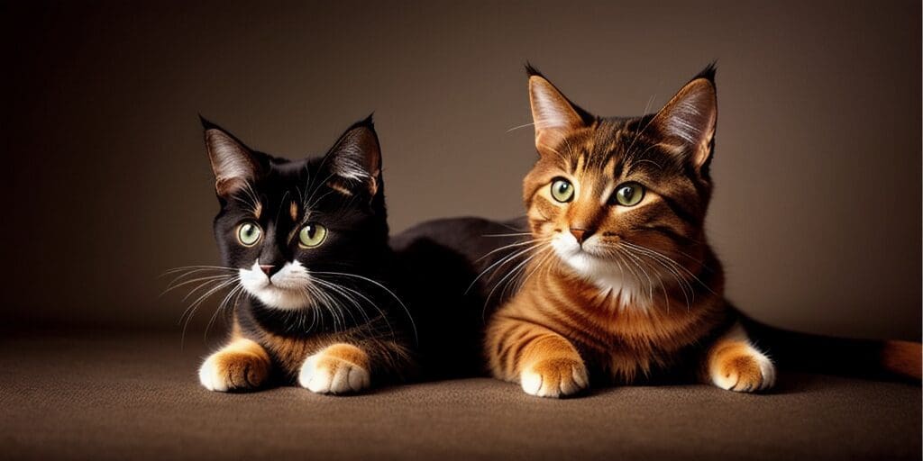 A photo of two cats, one black and white, the other brown and white, sitting side by side on a brown surface against a dark background.