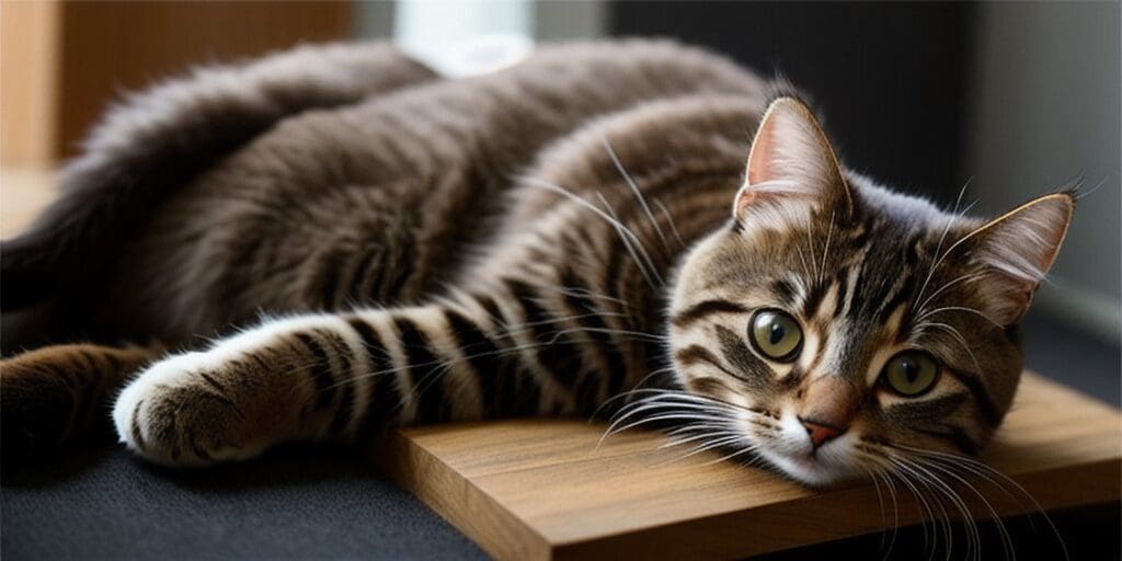 A brown tabby cat is lying on a wooden table. The cat has its eyes open and is looking at the camera.