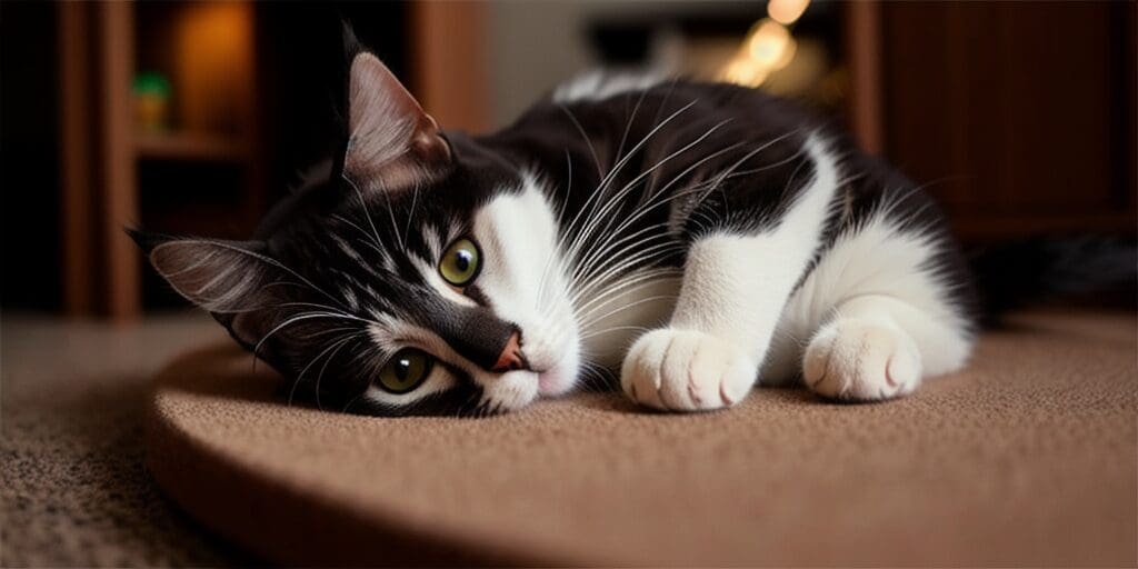 A black and white cat is lying on a brown carpet. The cat has green eyes and is looking at the camera.