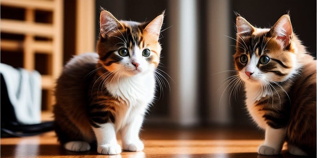 Two cute kittens are sitting on a wooden floor. The kittens are looking at the camera. They have brown, white, and orange fur.