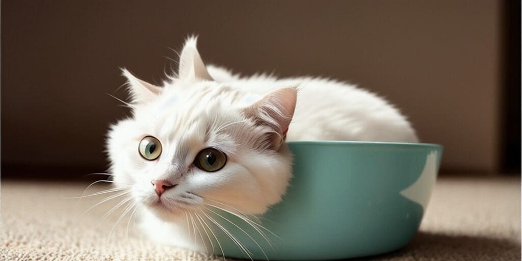 A white cat with green eyes is sitting in a blue bowl. The cat is looking to the left of the frame.