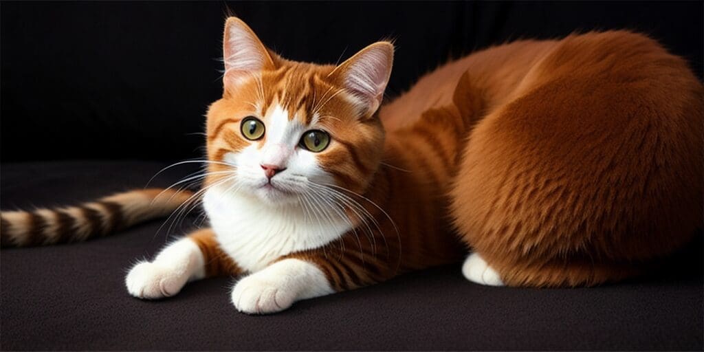 A ginger cat with white paws and a white belly is lying on a black surface. The cat is looking at the camera with its green eyes.