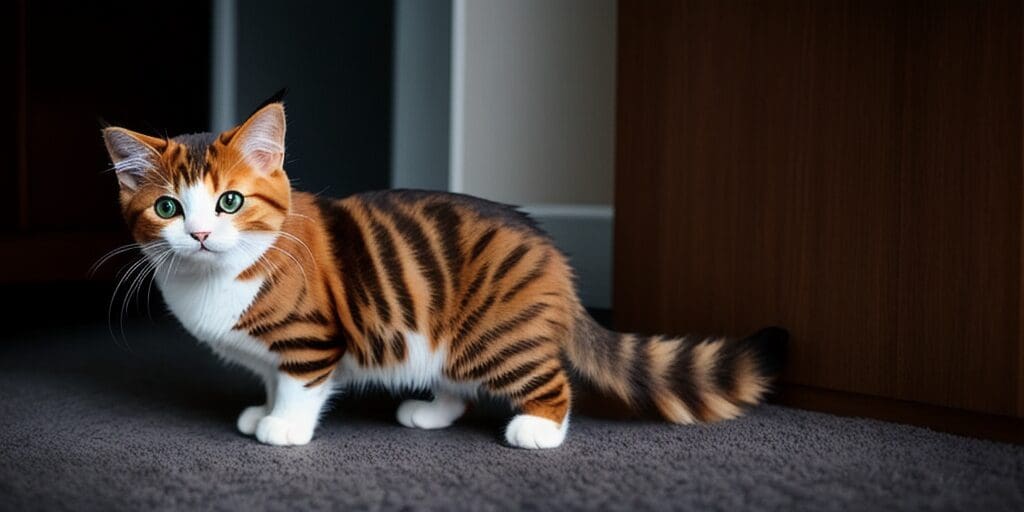 A cute tabby cat with big green eyes is standing on the floor. The cat has a unique coat pattern with stripes and is looking at the camera.