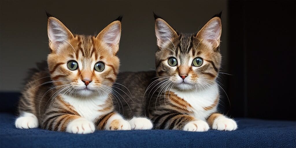 Two cute tabby kittens with green eyes are sitting on a blue blanket and looking at the camera.