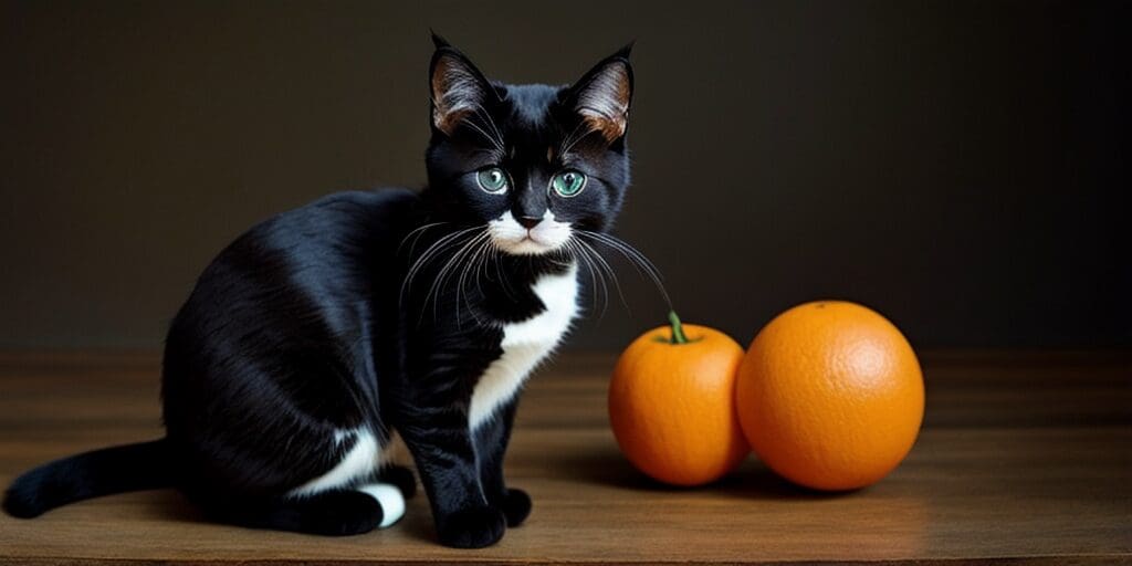 A black cat with white paws and a white belly is sitting on a wooden table. There are two ripe, orange pumpkins sitting next to the cat. The cat is looking at the camera with wide, blue eyes.