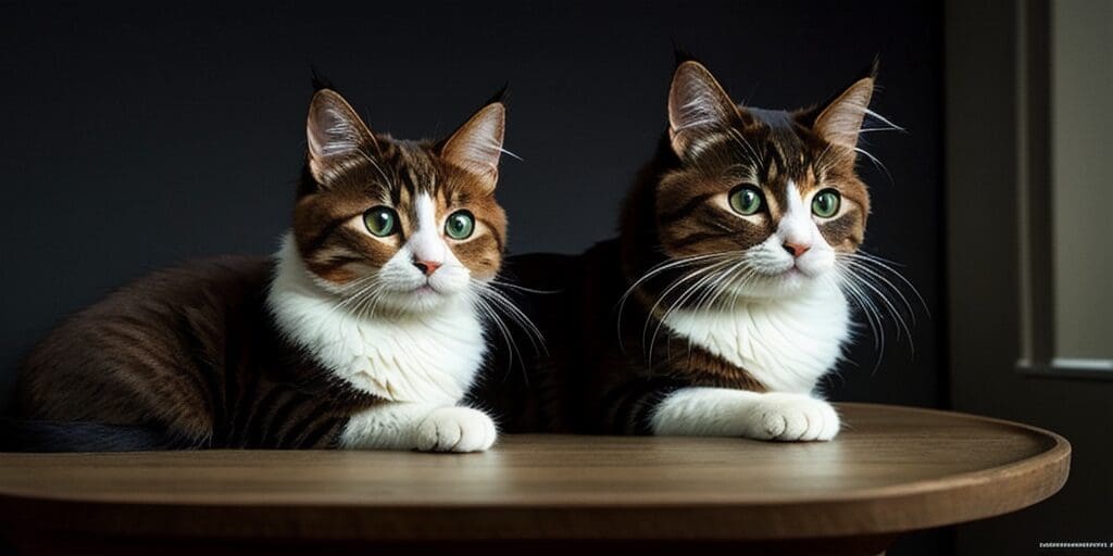 Two cats with big green eyes are sitting on a table and looking at something. The cats are brown and white, and they have long fur.