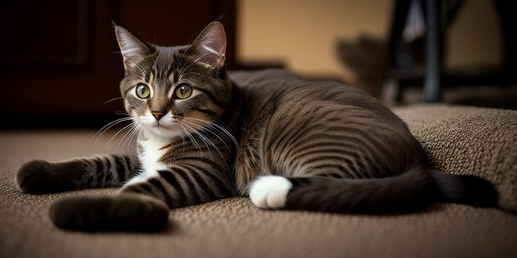 A brown tabby cat is lying on a brown carpet. The cat has green eyes and white paws.