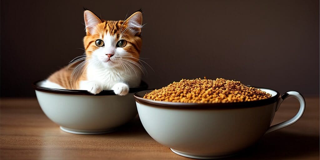 A ginger and white cat sitting in a white bowl next to a bowl of cat food.
