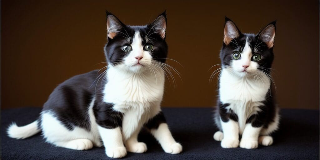 Two adorable kittens with big green eyes and black and white fur are sitting on a black surface against a brown background.