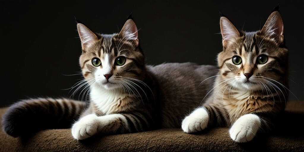 Two cute tabby cats with white paws are sitting on a brown surface against a dark background.