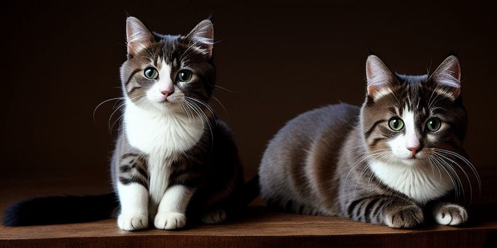 Two cats are sitting on a wooden table. The cat on the left is gray and white, staring at the camera. The cat on the right is brown and white, looking away from the camera.