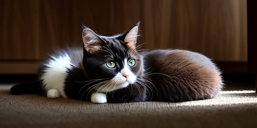 A black and white cat is lying on a brown carpet. The cat has green eyes and a white belly.