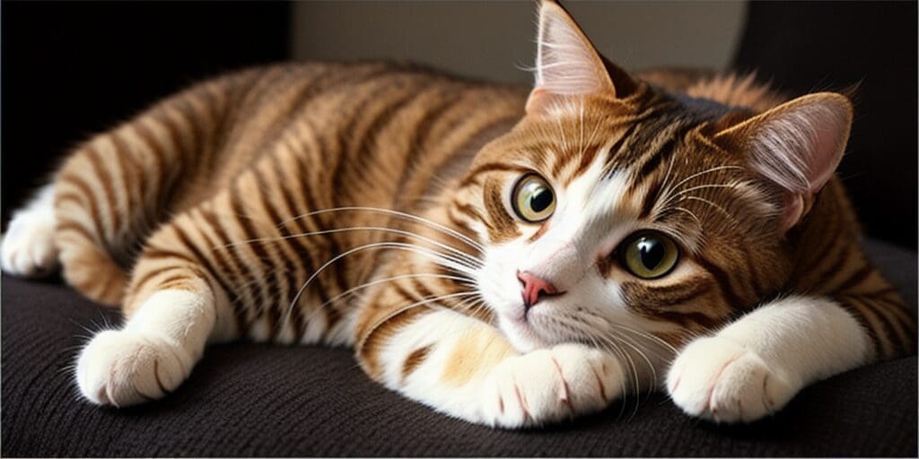 A ginger and white cat is lying on a brown couch. The cat has its paws in front of him and is looking at the camera.