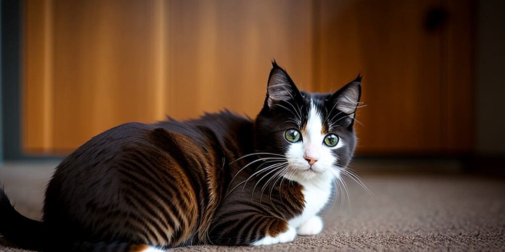 A black and white cat with green eyes is sitting on the floor in front of a wooden door. The cat has a long tail and is looking at the camera.