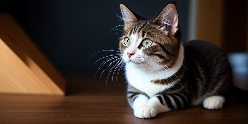 A brown tabby cat with white paws and a white belly is sitting on a wooden floor. The cat is looking to the right of the frame.