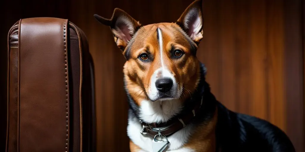 A brown and white dog with a black nose is sitting in front of a brown leather chair. The dog has a collar with a tag on it and is looking at the camera.