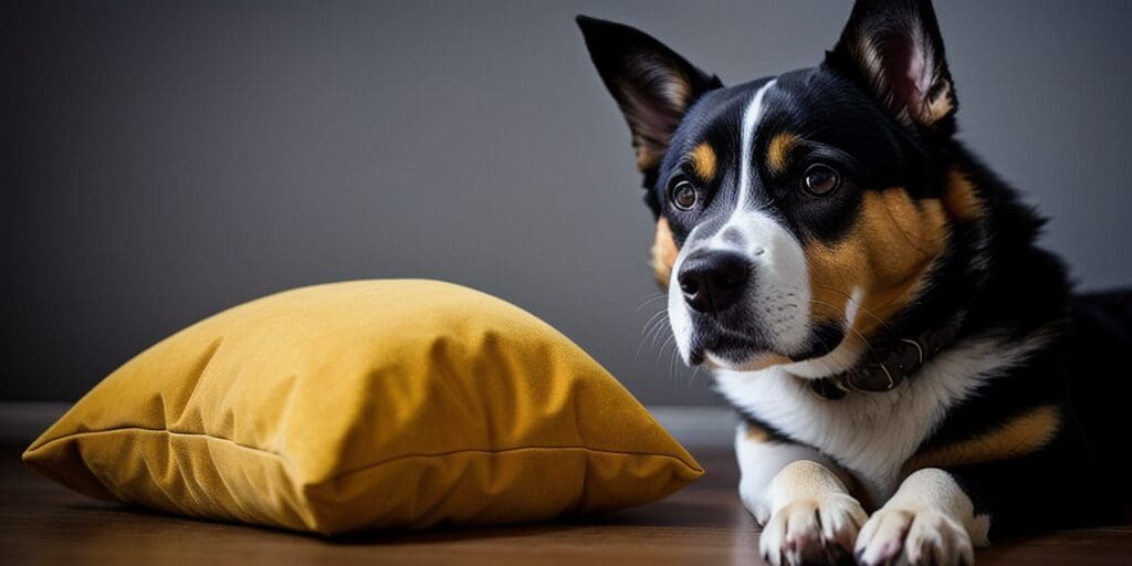 A cute dog with black, white, and brown fur is lying on the floor next to a yellow pillow. The dog has a collar on and is looking away from the camera. The background is a dark grey wall.