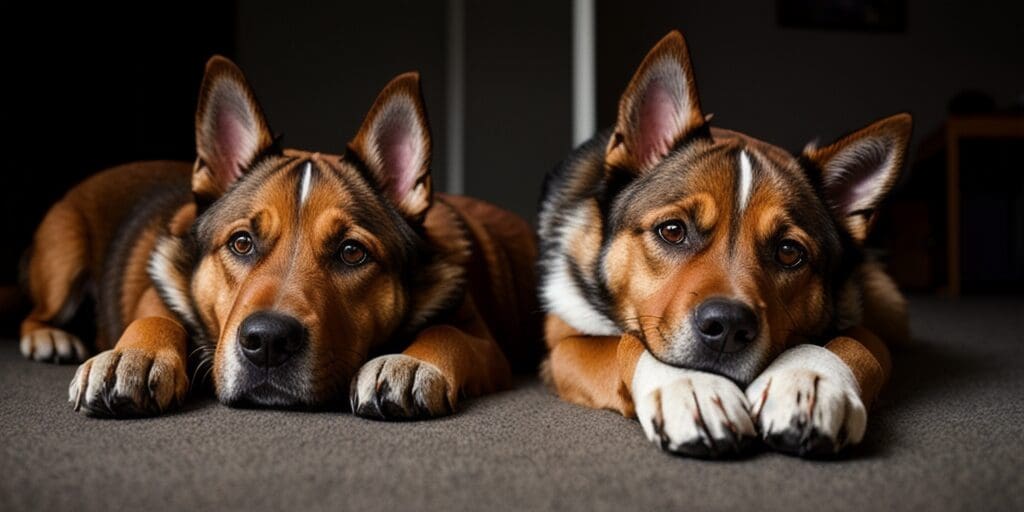 Two Australian Shepherd dogs lying on the floor, looking at the camera.