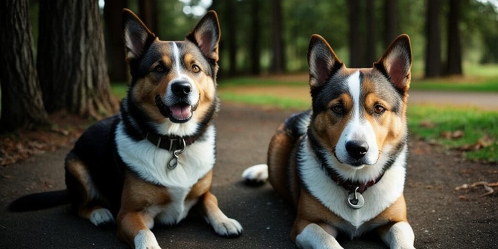 Two Corgi dogs sitting side by side on a paved path in front of a forest. The dog on the left has a black, white, and brown coat, while the dog on the right has a white, brown, and black coat.