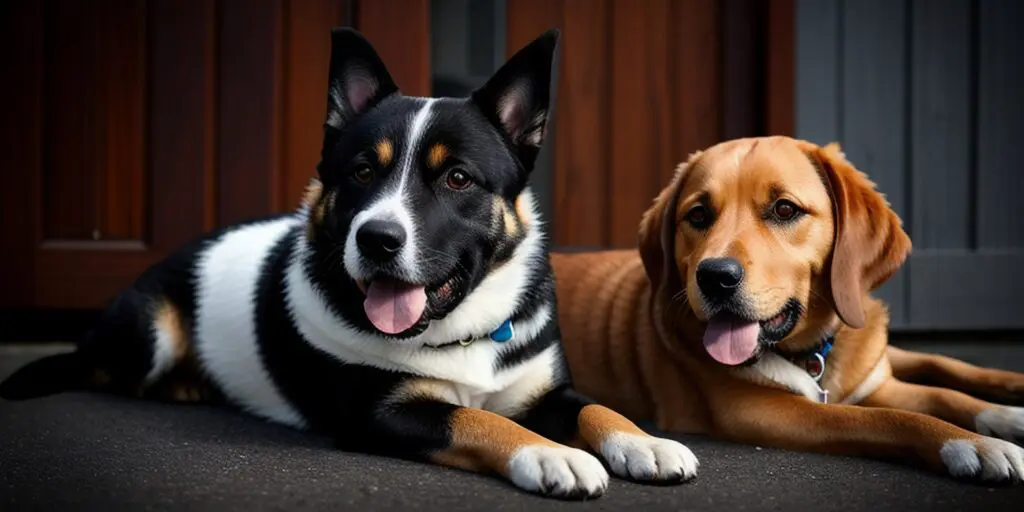 Two dogs, a black and white Border Collie mix and a brown Labrador Retriever mix, are lying on the ground in front of a brown wooden door. The dogs are both wearing blue collars and have their tongues hanging out.