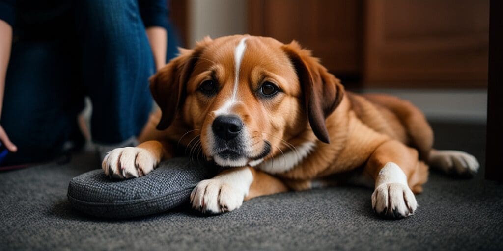 A brown and white dog is lying on the floor with a slipper next to it. The dog is looking at the camera with a sad expression.