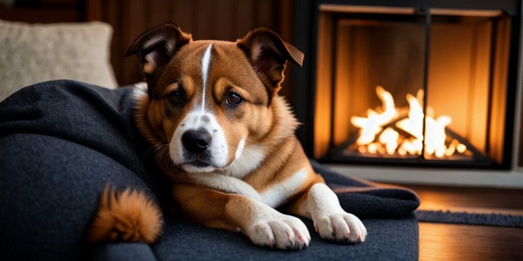 A brown and white dog is lying on a blanket in front of a fireplace. The dog has its head resting on its paws and is looking at the camera. The fireplace is lit and there are flames visible.