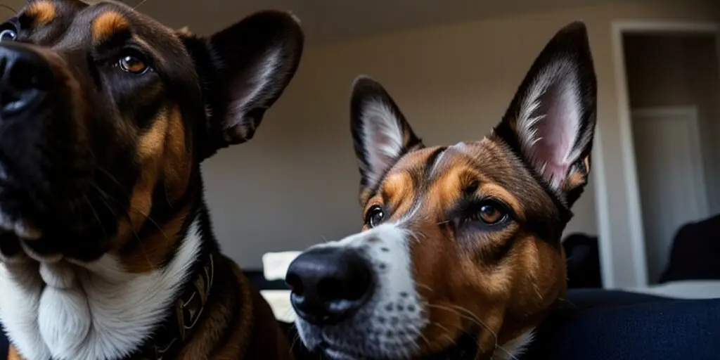 A close up of two dogs looking up with their ears perked up.