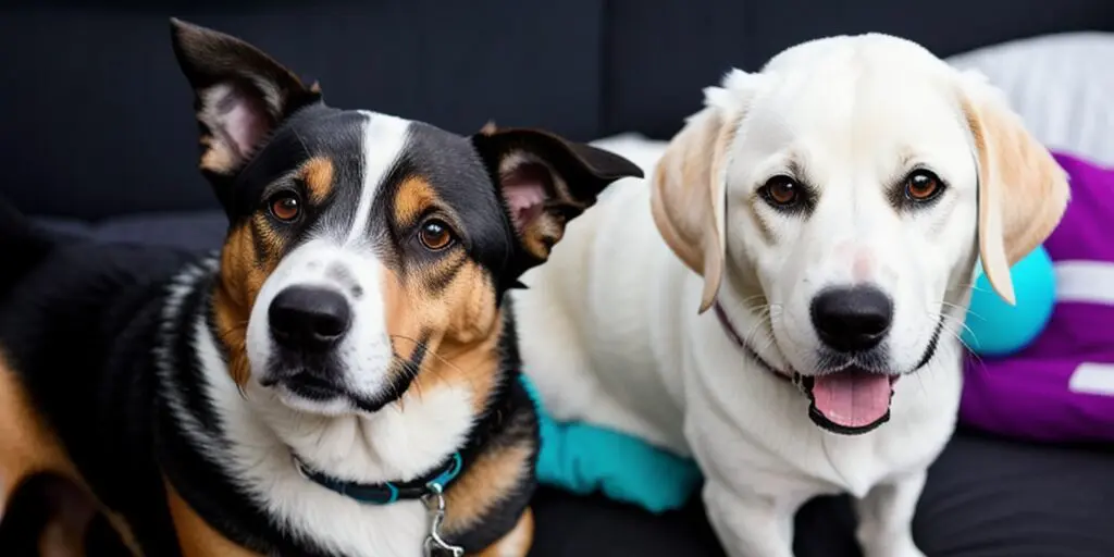 A black and white dog and a white dog with brown eyes are sitting side by side on a black couch. The black and white dog has one ear up and one ear down, and is looking at the camera. The white dog has a pink collar with a tag and is looking at the black and white dog with a happy expression.